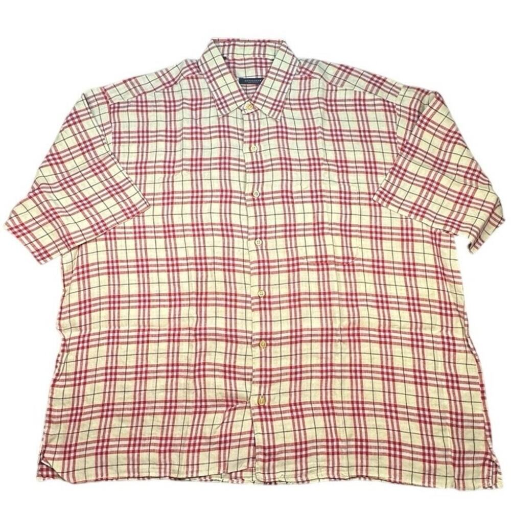 Burberry Plaid Short Sleeve Cotton Linen Shirt Mens 2XL Red Cream
